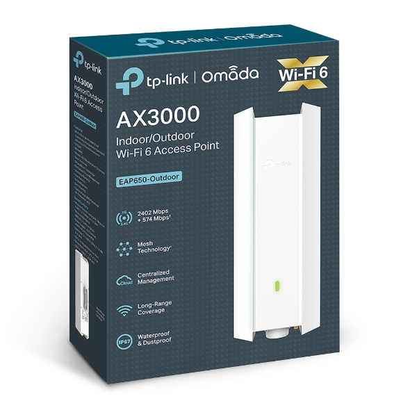 TP-Link EAP650-Outdoor AX3000 WiFi 6 Access Point - Dual Band 574Mbps 2.4GHz & 2402Mbps 5GHz, IP67 Weatherproof, PoE+ Support