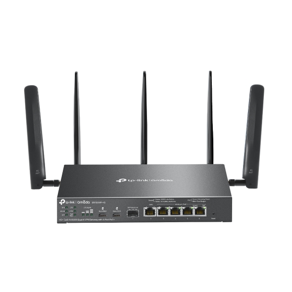 TP-Link ER706WP-4G Omada 4G+ Cat6 AX3000 Gigabit VPN Gateway with 4-Port PoE+, Dual Nano-SIM, Wi-Fi 6 AX3000 (574 Mbps @ 2.4 GHz + 2402 Mbps @ 5 GHz)