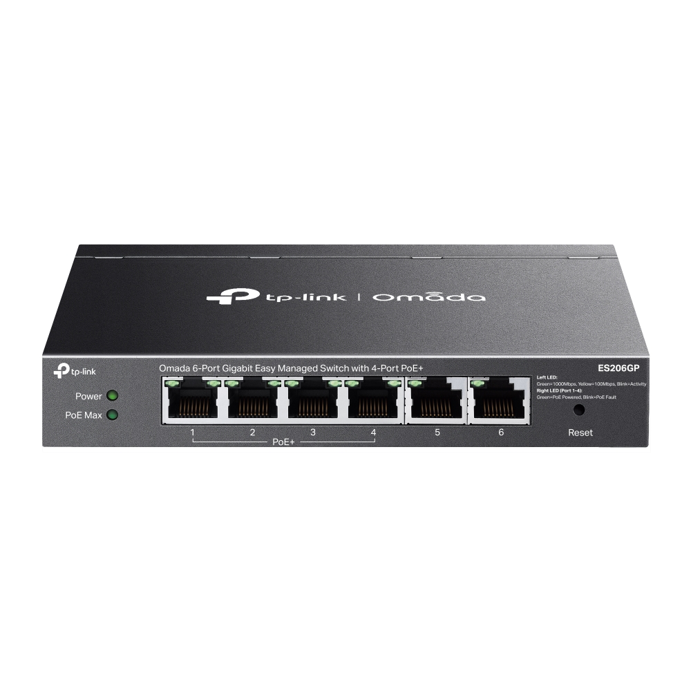 TP-Link ES206GP Omada 6-Port Gigabit Easy Managed Switch with 4-Port PoE+, 65W Power Budget, Fanless Metal Design, Cloud Management