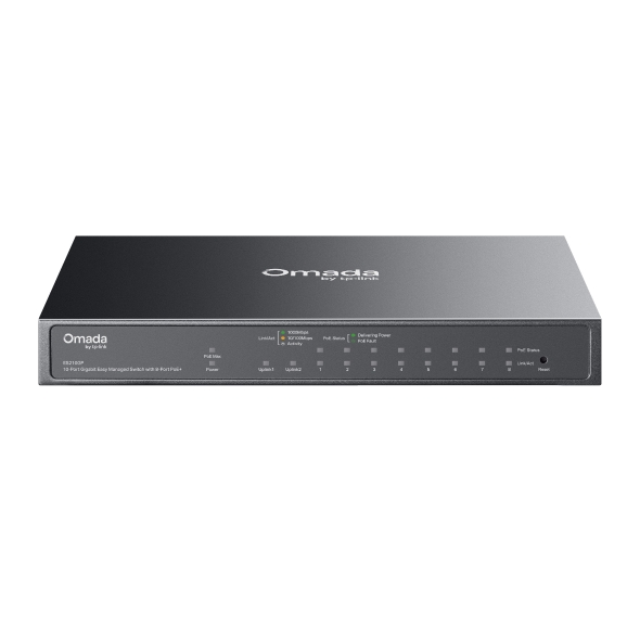 TP-Link ES210GP Omada 10-Port Gigabit Easy Managed Switch with 8-Port PoE+ and 63W Power Budget, Fanless Metal Design
