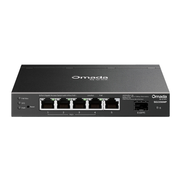 TP-Link SG2206MP Omada Access 6-Port Gigabit Switch with 4-Port PoE+, 63W PoE Budget, Fanless, Cloud Managed