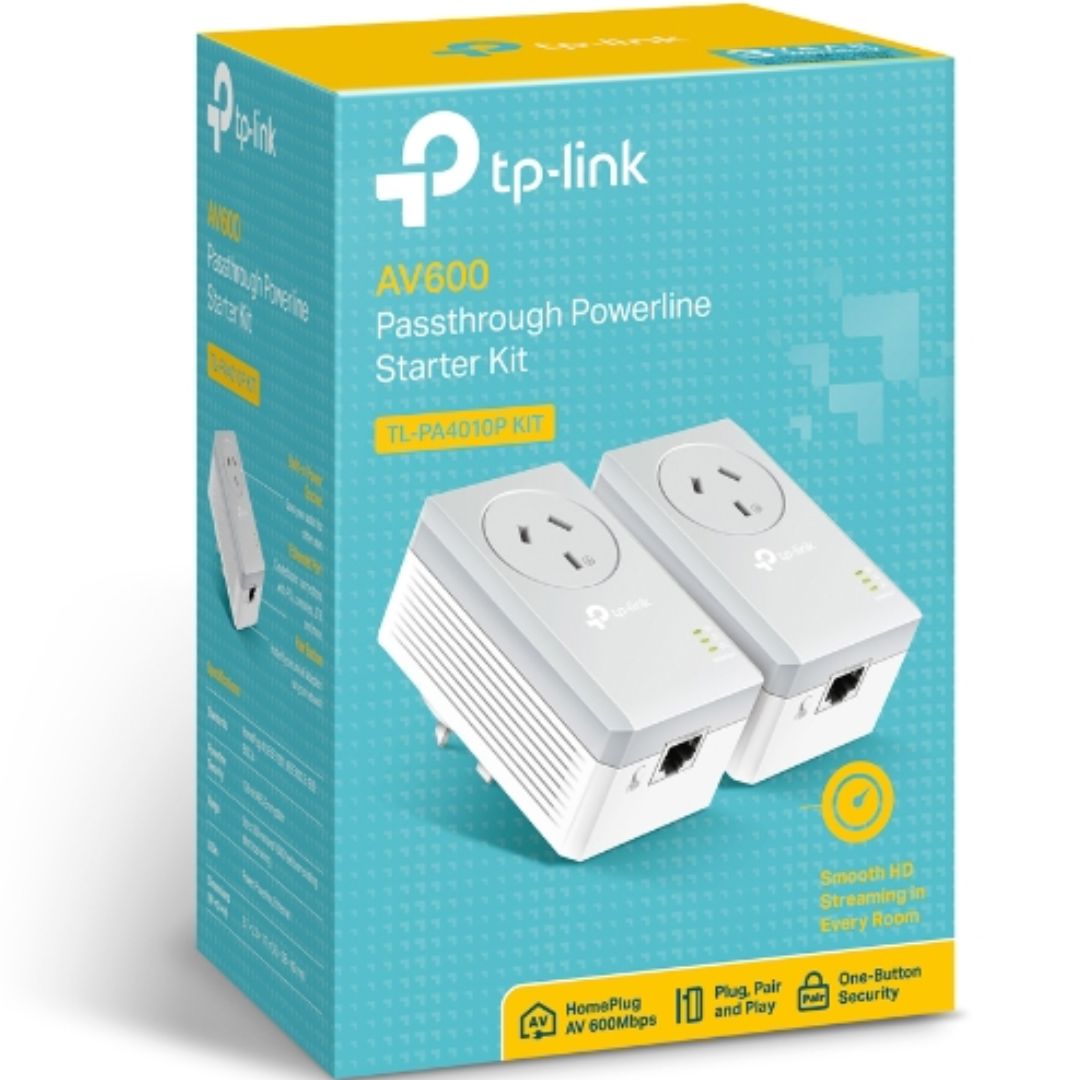 TP-Link TL-PA4010P KIT AV600 Powerline Adapter with AC Pass-Through | 600Mbps HomePlug AV, 1x100Mbps LAN, 300m Range