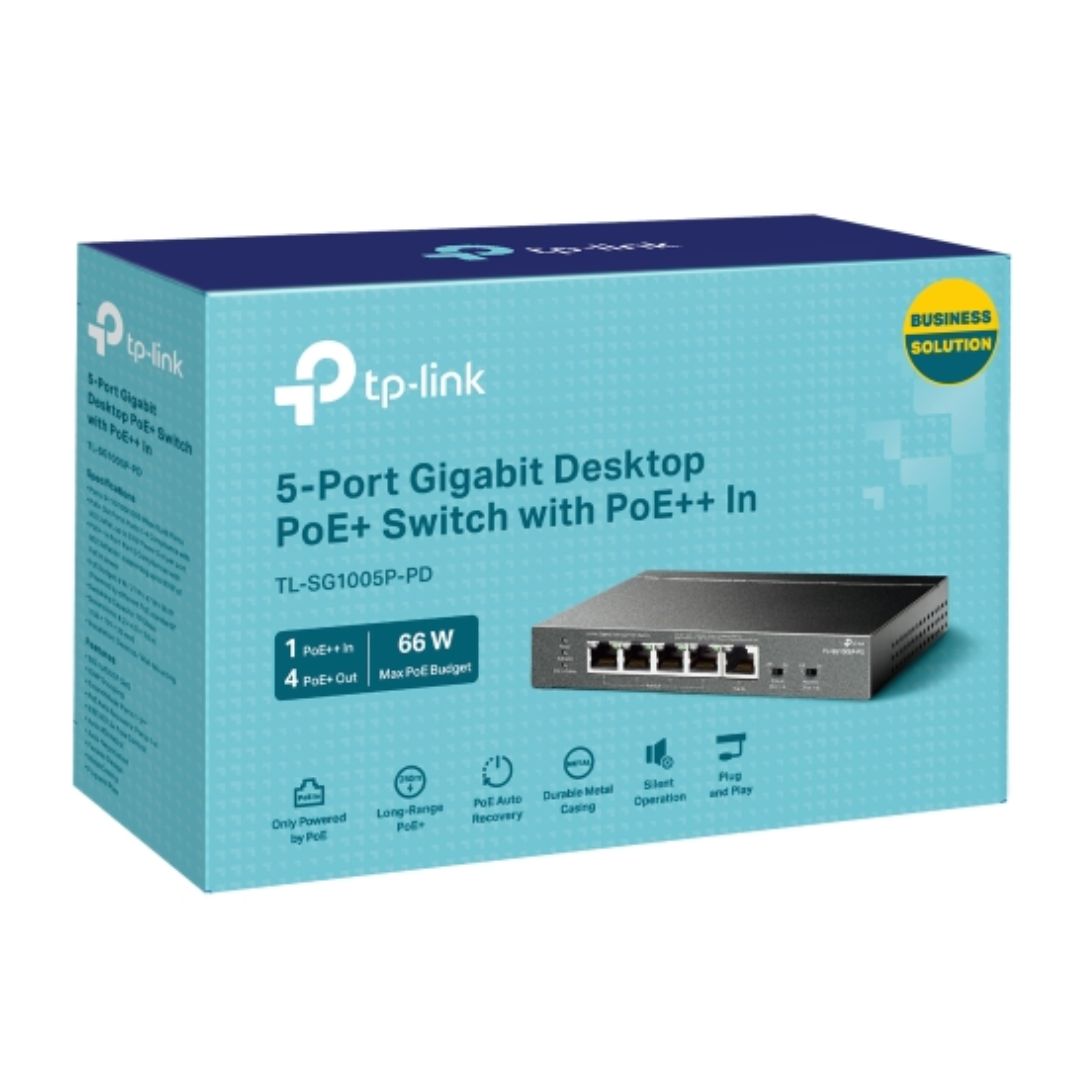 TP-Link TL-SG1005P-PD 5-Port Gigabit PoE+ Desktop Switch with 1 PoE++ In, 4 PoE+ Out, Metal Case, Silent Fanless Design, Long Range 250M, 66W Total PoE Budget