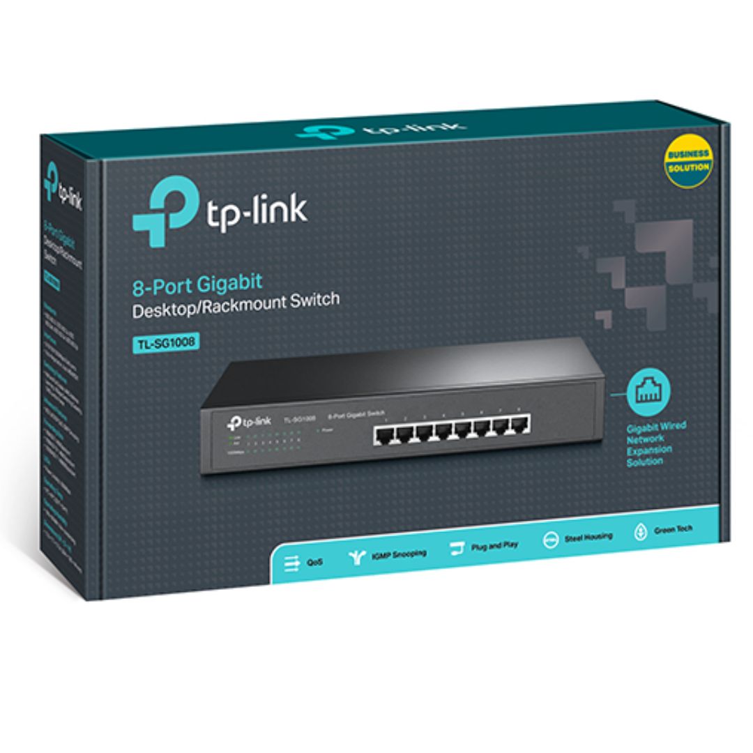 TP-Link TL-SG1008 8-Port Gigabit Unmanaged Switch - Fanless, Rackmountable Steel Case, 16Gbps Switching Capacity, 802.1p/DSCP QoS