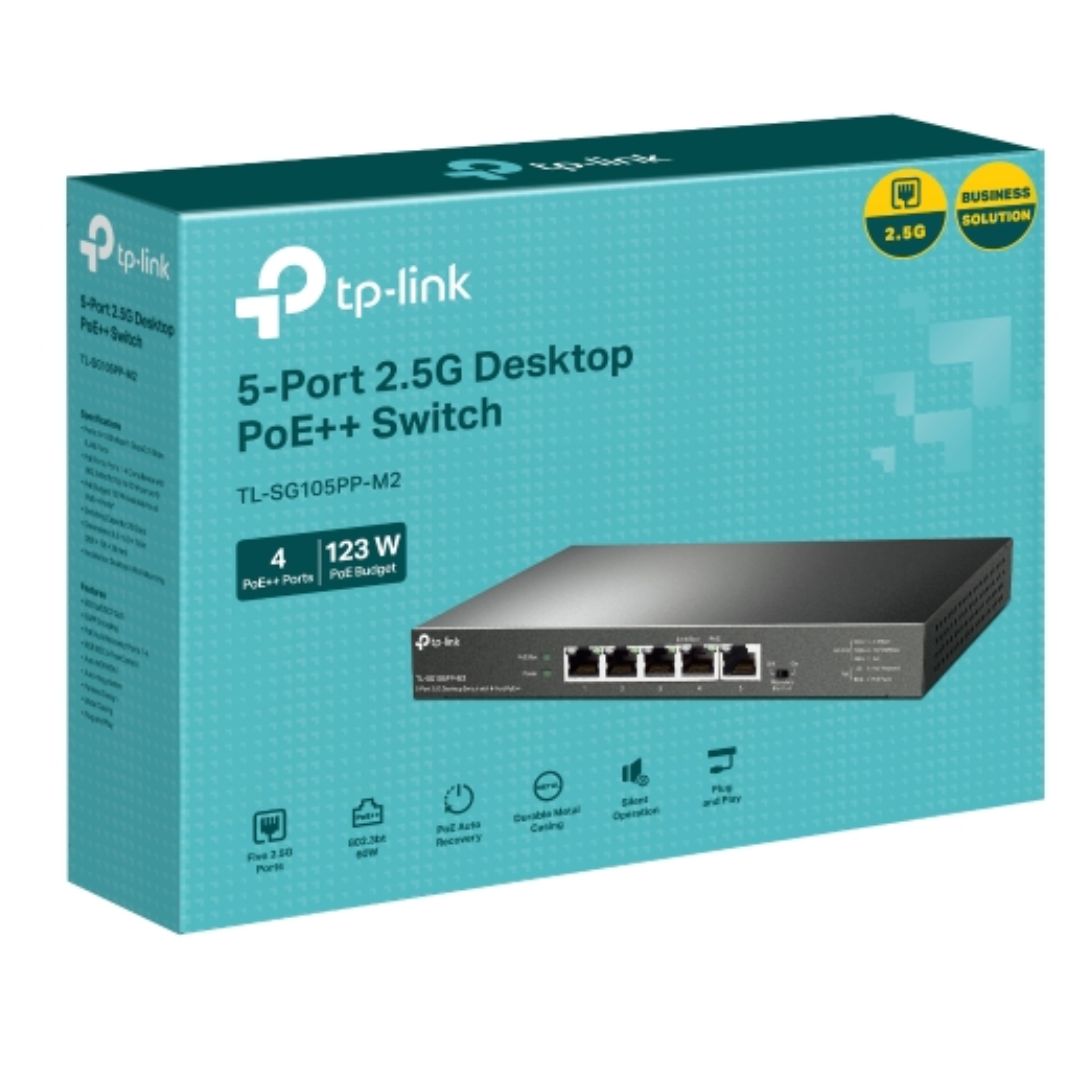 TP-Link TL-SG105PP-M2 5-Port 2.5G Desktop Switch with 4-Port PoE++ and 1 Non-PoE Port, 123W Total PoE Budget, Plug & Play, QoS, Fanless Metal Design