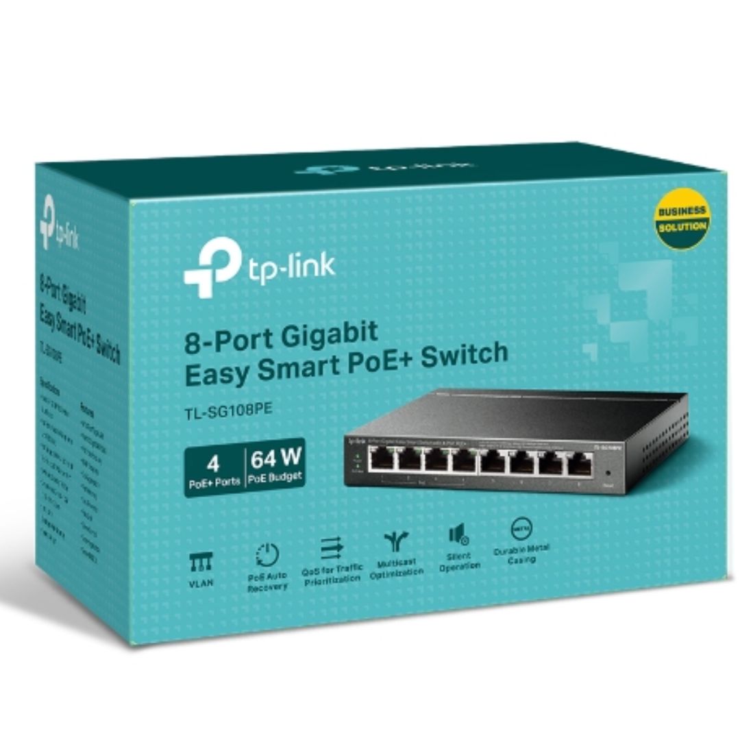TP-Link TL-SG108PE 8-Port Gigabit Easy Smart Switch with 4-Port PoE+, 55W Power Budget, Fanless Metal Desktop Design, VLAN & QoS