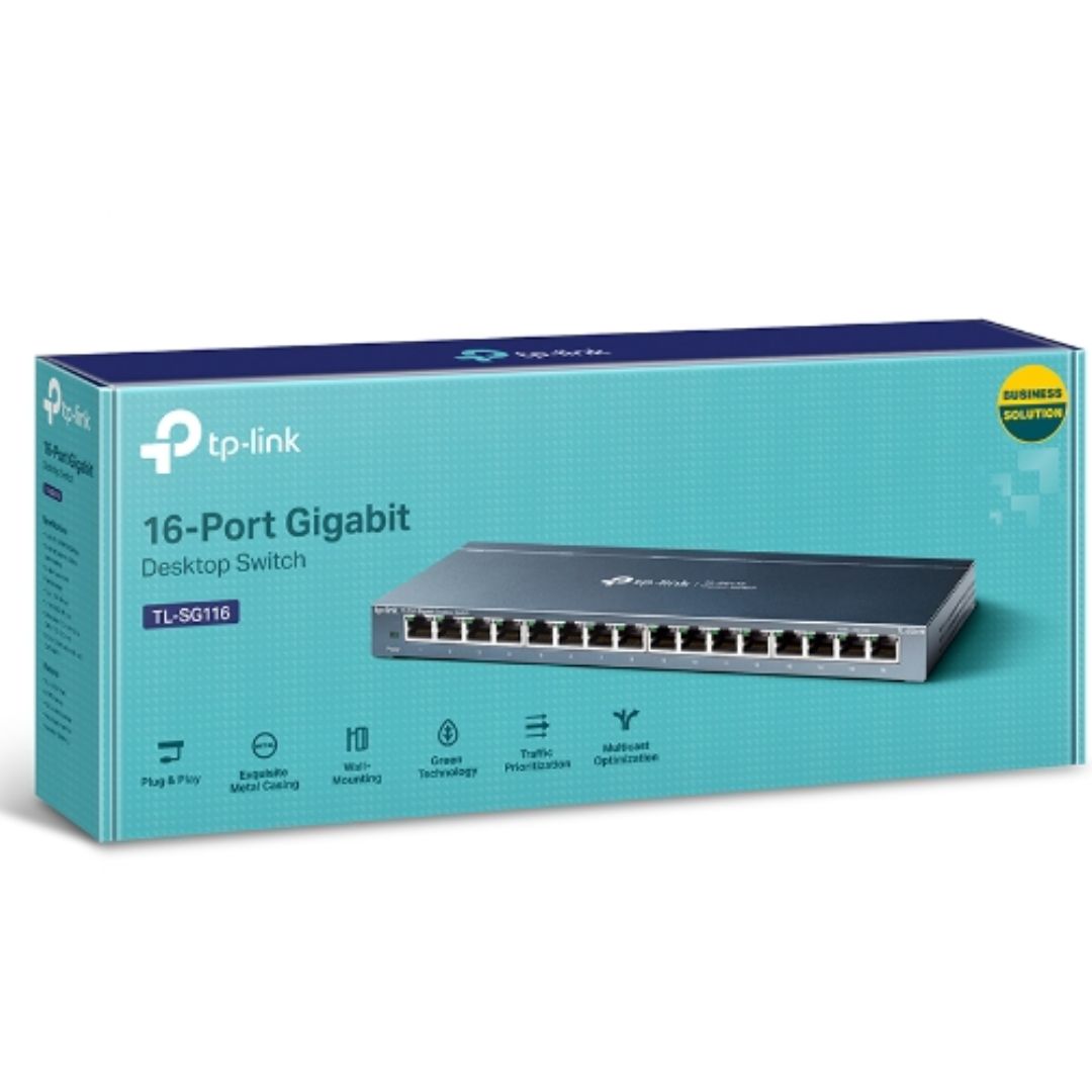 TP-Link TL-SG116 16-Port Gigabit Unmanaged Ethernet Switch - 32Gbps Capacity, Fanless, Desktop & Wall Mount