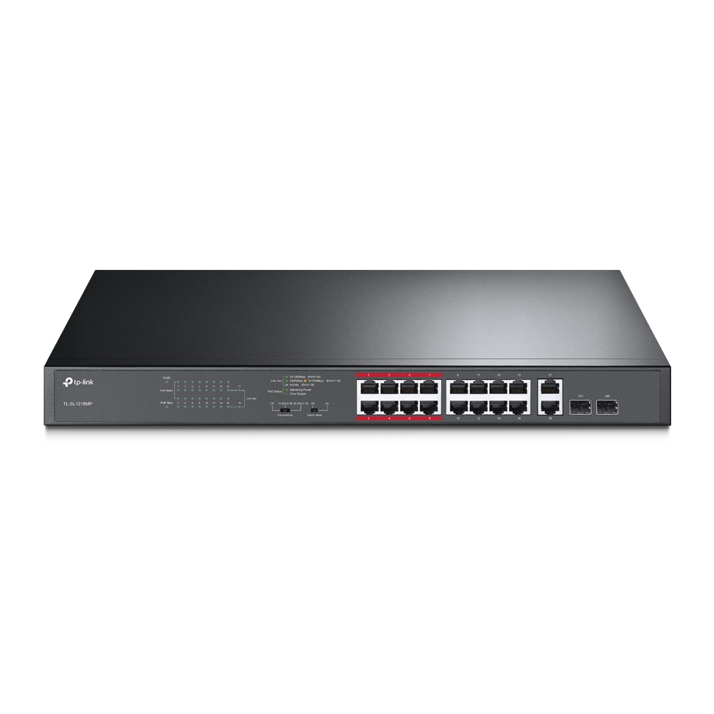 TP-Link TL-SL1218MP 16-Port 10/100Mbps PoE+ Switch with 2 Gigabit Ports & 2 Combo SFP Slots, 192W PoE Power, 1U Rackmount