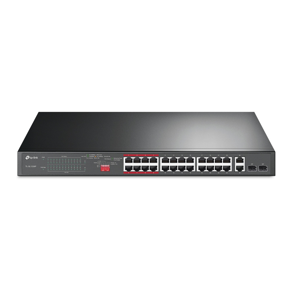TP-Link TL-SL1226P 24-Port 10/100Mbps + 2-Port Gigabit Unmanaged PoE+ Switch with 250W PoE Budget and Extend Mode