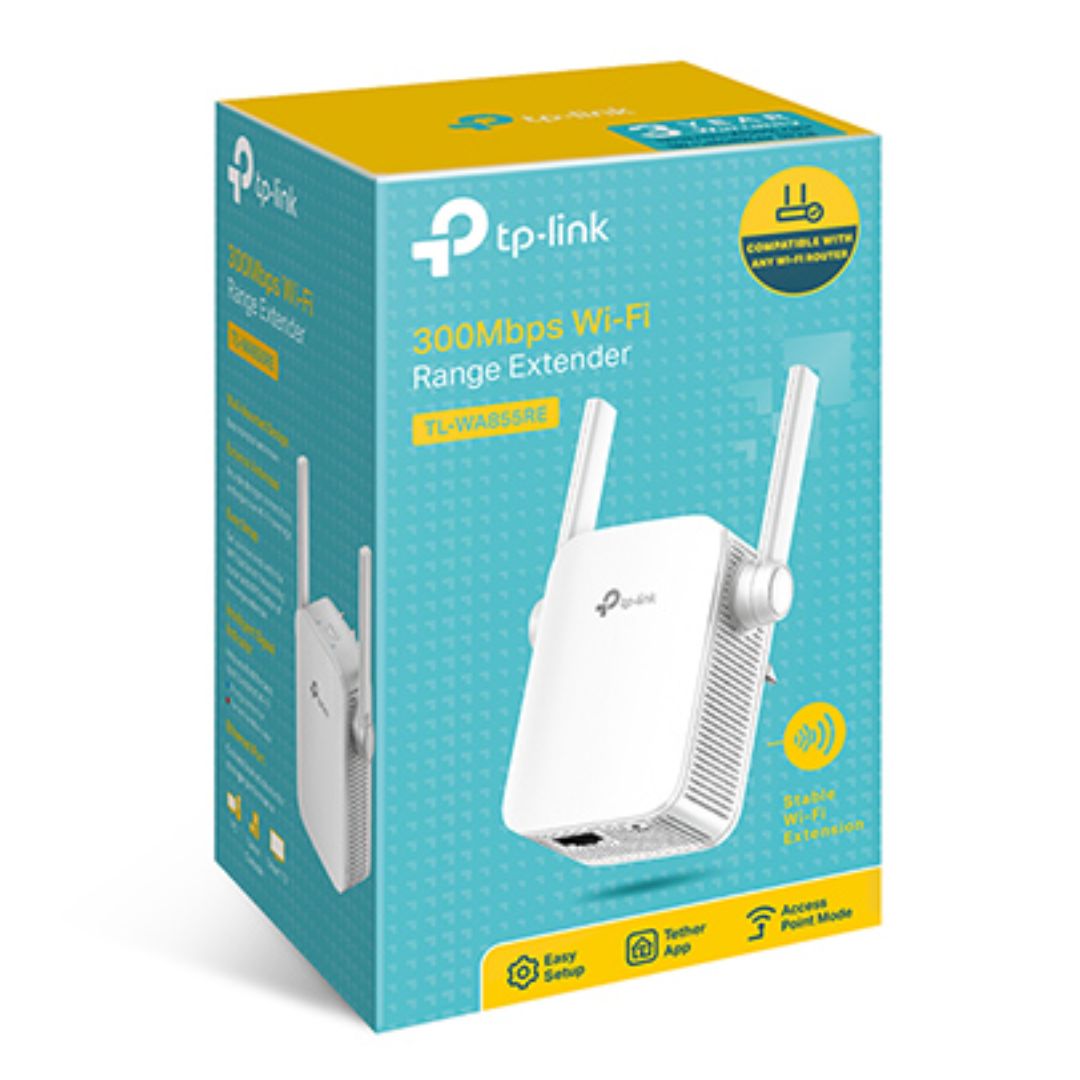 TP-Link TL-WA855RE N300 300Mbps Wi-Fi Range Extender with 2x External Antennas, 10/100Mbps Ethernet Port, 802.11b/g/n, MIMO Tech, Tether App Control