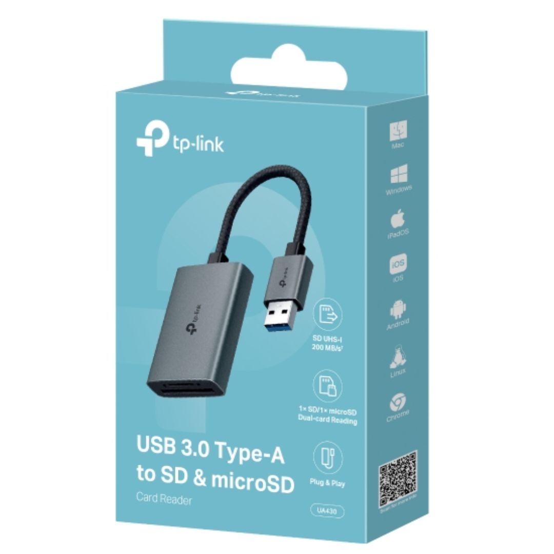 TP-Link UA430 USB 3.0 Type-A Card Reader for SD & microSD Cards with UHS-I Up to 200 MB/s - Compact Aluminum Case