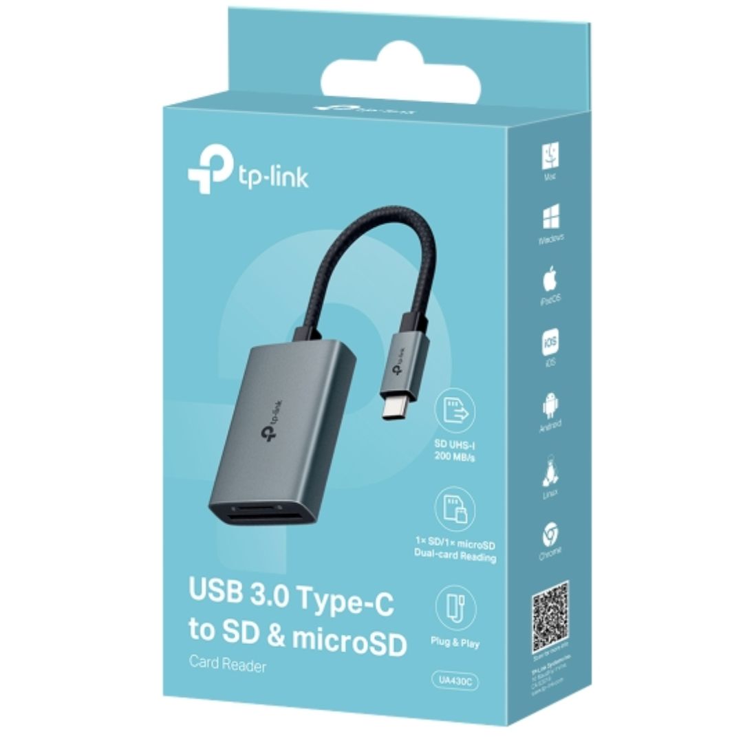 TP-Link UA430C USB 3.0 Type-C Dual SD & microSD Card Reader with UHS-I Support up to 200MB/s, 2TB Capacity