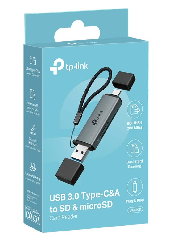 TP-Link UA430D USB 3.0 Type-C & Type-A Dual Card Reader for SD & microSD UHS-I Up to 200MB/s, 2TB Support, Aluminum Durable Portable Design