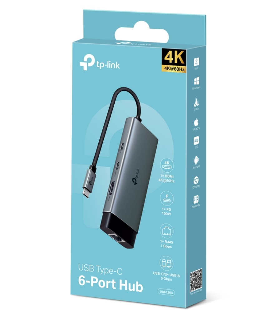 TP-Link UH6120C USB Type-C 6-Port Hub with 4K@60Hz HDMI, Gigabit Ethernet, 100W Power Delivery, USB-C & USB-A Data Ports