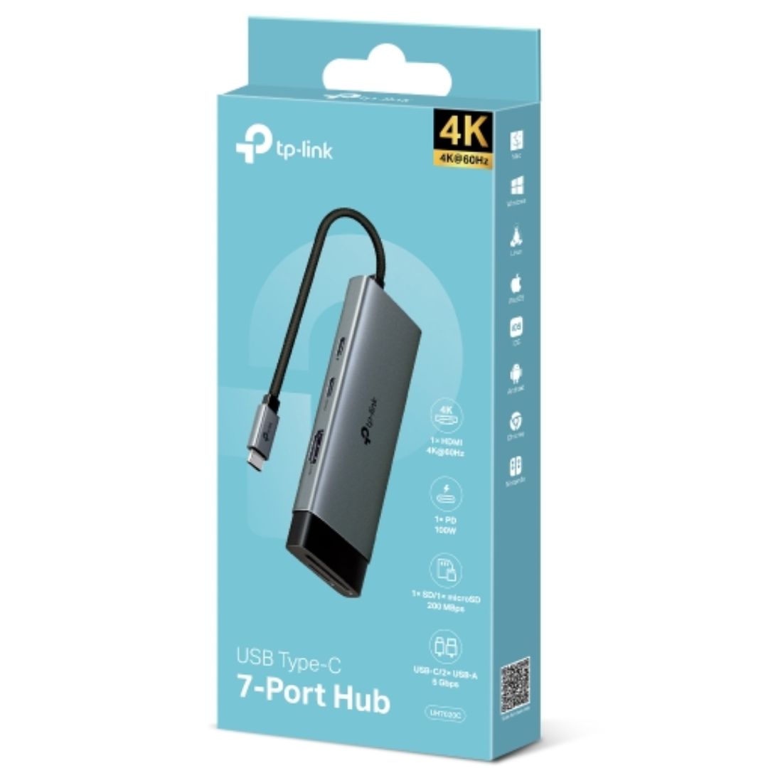 TP-Link UH7020C USB Type-C 7-in-1 Hub with 4K@60Hz HDMI, SD/microSD UHS-I Card Readers, 100W Power Delivery, USB-C & USB-A Ports