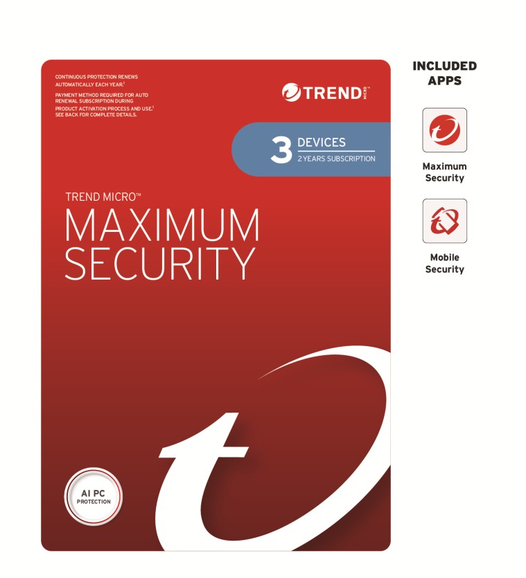 Trend Micro Maximum Security - 2 Year Subscription for 3 Devices | AI-Powered Multi-Device Protection for PC, Mac, Android & iOS