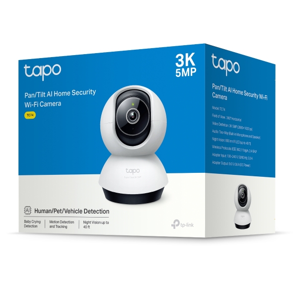 TP-Link TC74 Pan/Tilt AI Home Security Wi-Fi Camera 3K 5MP 360° Horizontal, 2.4 GHz Wireless with Night Vision & Two-Way Audio