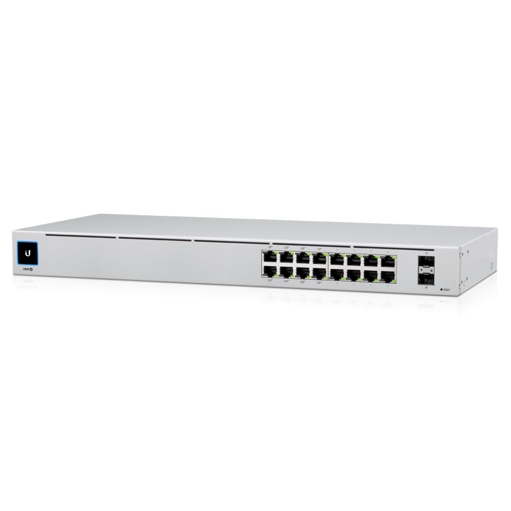 Ubiquiti UniFi USW-16-POE 16-Port Managed Gigabit Switch with 8 PoE+ Ports, 8 Gigabit Ethernet Ports, 2x 1G SFP, 42W PoE Budget, Fanless, Touchscreen, Gen2