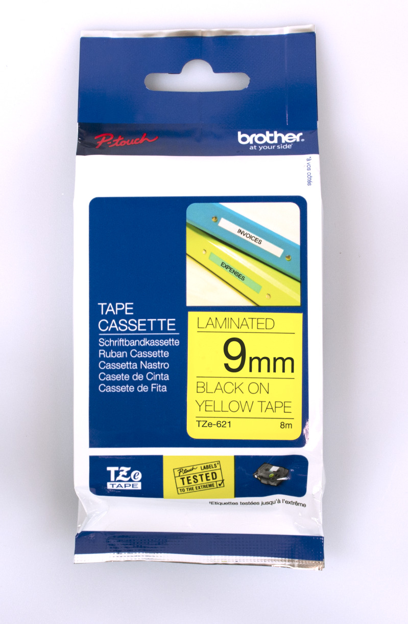 Brother TZe-621 Laminated Label Tape 9mm x 8m Black on Yellow - Durable, Fade & Water Resistant
