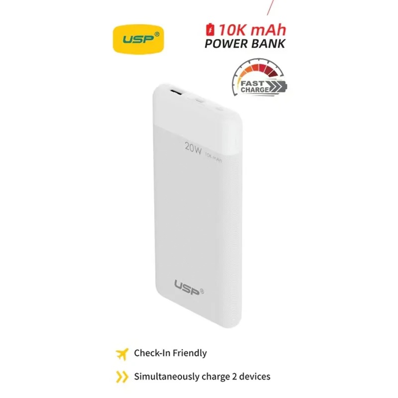 USP 10,000mAh Portable Power Bank with 20W Fast Charging, Dual USB Outputs (USB-C & USB-A), LED Indicator - White