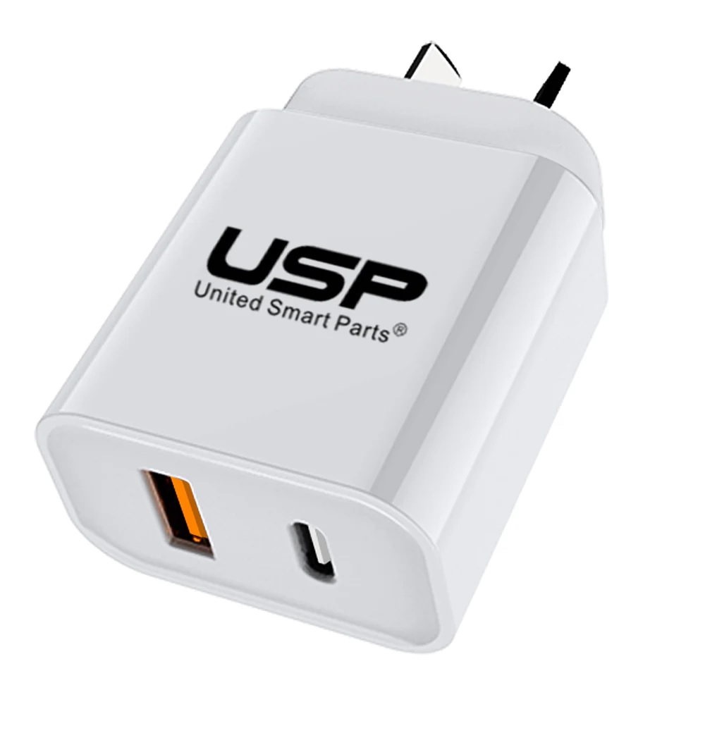 USP 20W Dual Port Fast Wall Charger - 20W USB-C PD + 18W USB-A QC3.0, Dual Device Charging, SAA Certified, Safe & Reliable White Adapter