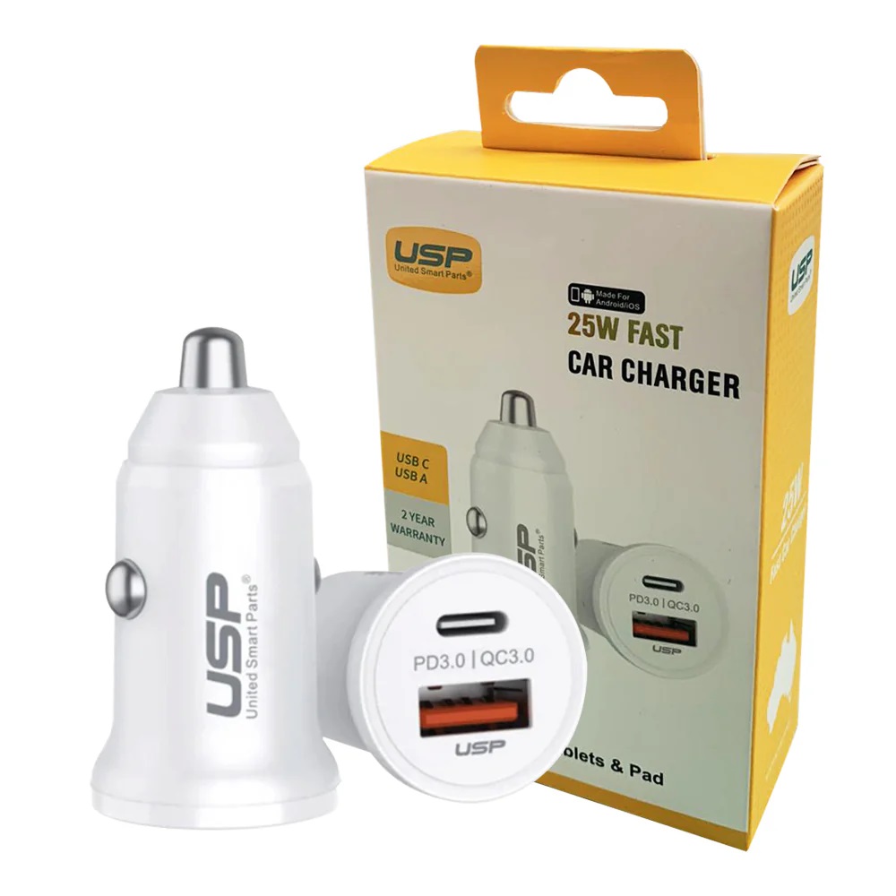 USP 25W Dual Port Car Charger White - USB-C 25W PD & USB-A 18W QC3.0 Fast Dual USB Quick Charge with Intelligent Charging & 2-Year Warranty