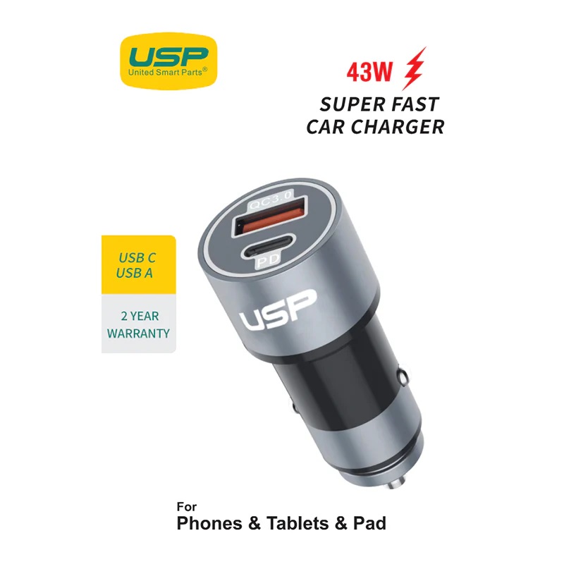 USP 43W Dual Port Fast Car Charger - USB-C 25W PD + USB-A 18W QC3.0, Intelligent Charging, Short-Circuit Protection - Silver