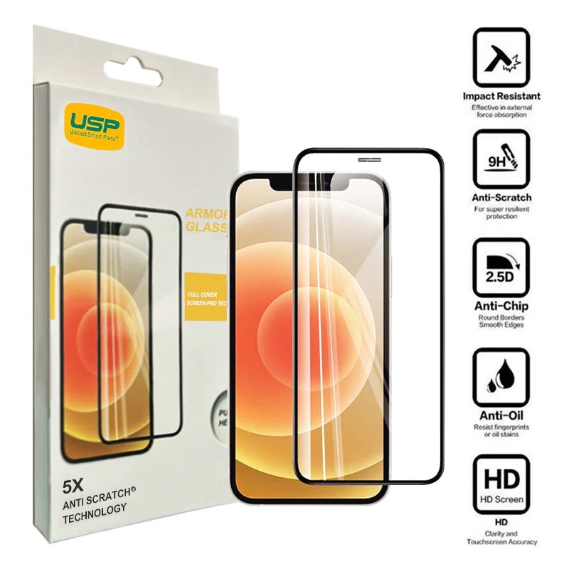 USP Armor Glass Full Cover Tempered Glass Screen Protector for Apple iPhone 16/15/15 Pro 6.1" – 9H Hardness, 5X Anti-Scratch, Oleophobic Coating