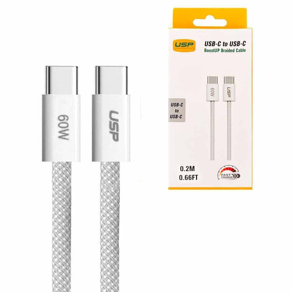 USP Braided USB-C to USB-C PD 60W High Density Fast Charge Cable 20cm - Fast & Durable Nylon Braided USB 2.0 Data Sync for Samsung Galaxy, Apple iPhone, Laptops