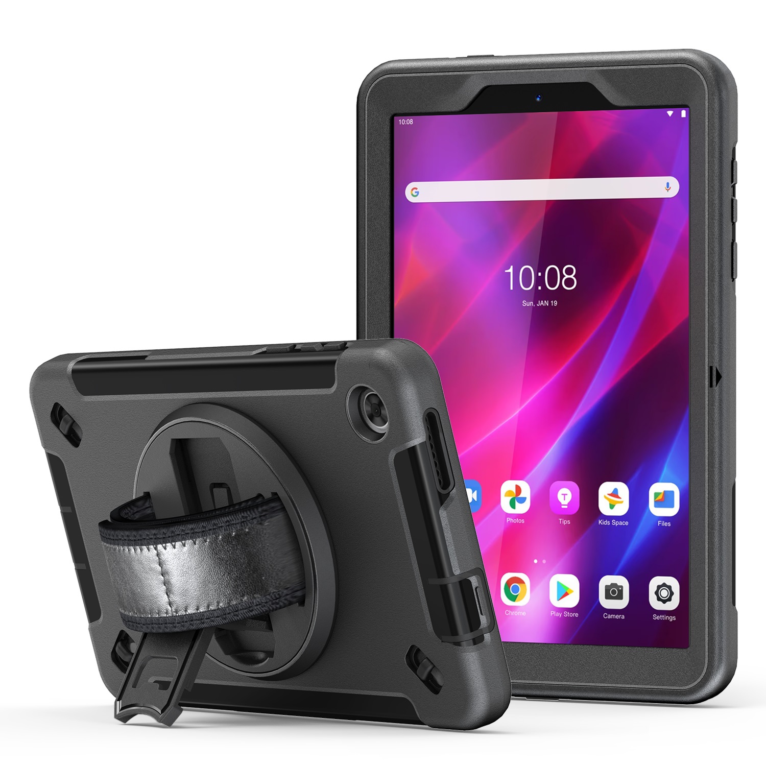 USP Rugged Lenovo Tab M8 4th Gen 8" TB-300 Protective Case with Screen Protector, Built-in Kickstand, Adjustable Hand & Shoulder Straps - Black