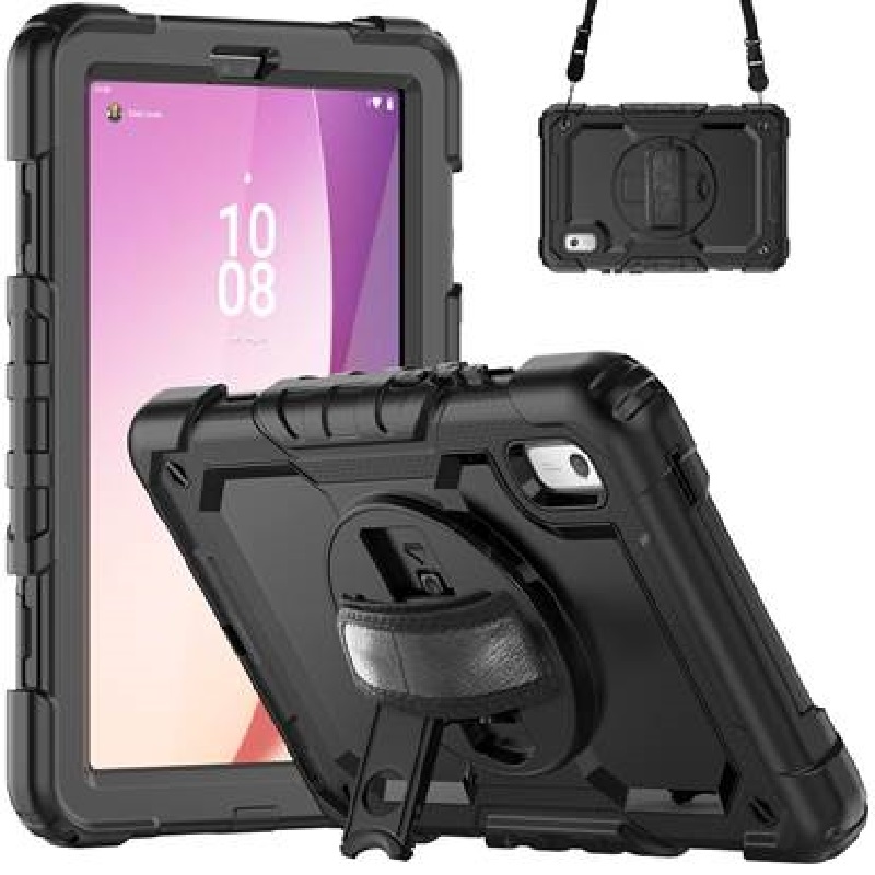 USP Rugged Lenovo Tab M9 9-Inch Case with Screen Protector, Built-in Kickstand, Adjustable Hand Strap & Shoulder Strap - Black Durable Protective Cover