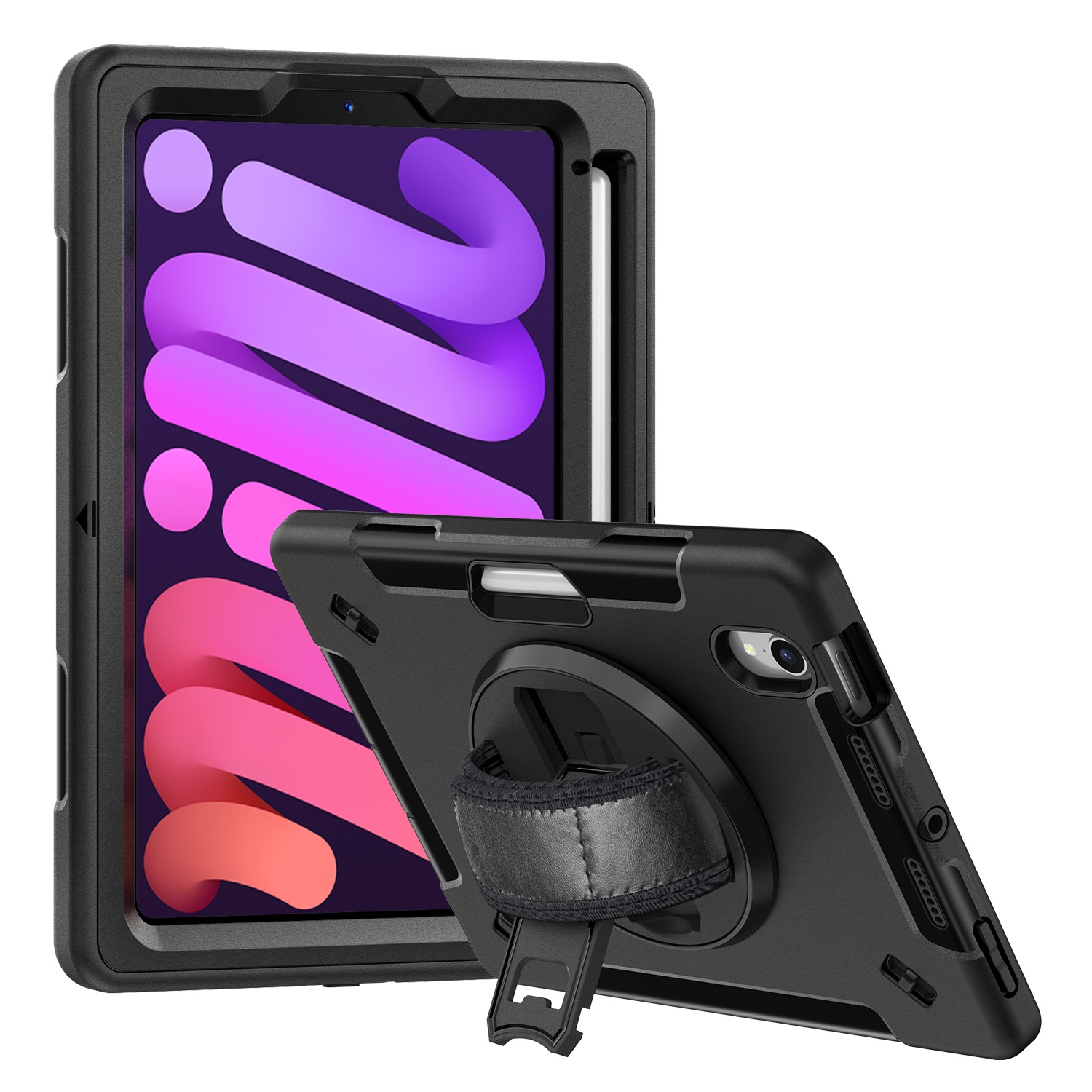 USP Rugged Protective Case for Apple iPad Mini A17 Pro (7th Gen) & iPad Mini 8.3" (6th Gen) with Built-in Kickstand, Adjustable Hand Strap and Shoulder Sling - Black