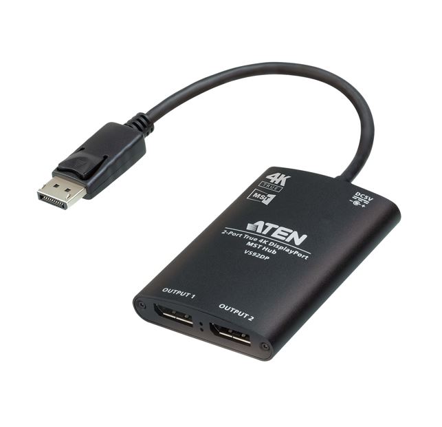 ATEN VS92DP 2-Port True 4K DisplayPort MST Hub - Dual Output 3840x2160@30Hz, DisplayPort 1.2, HDCP 1.3 Compliant