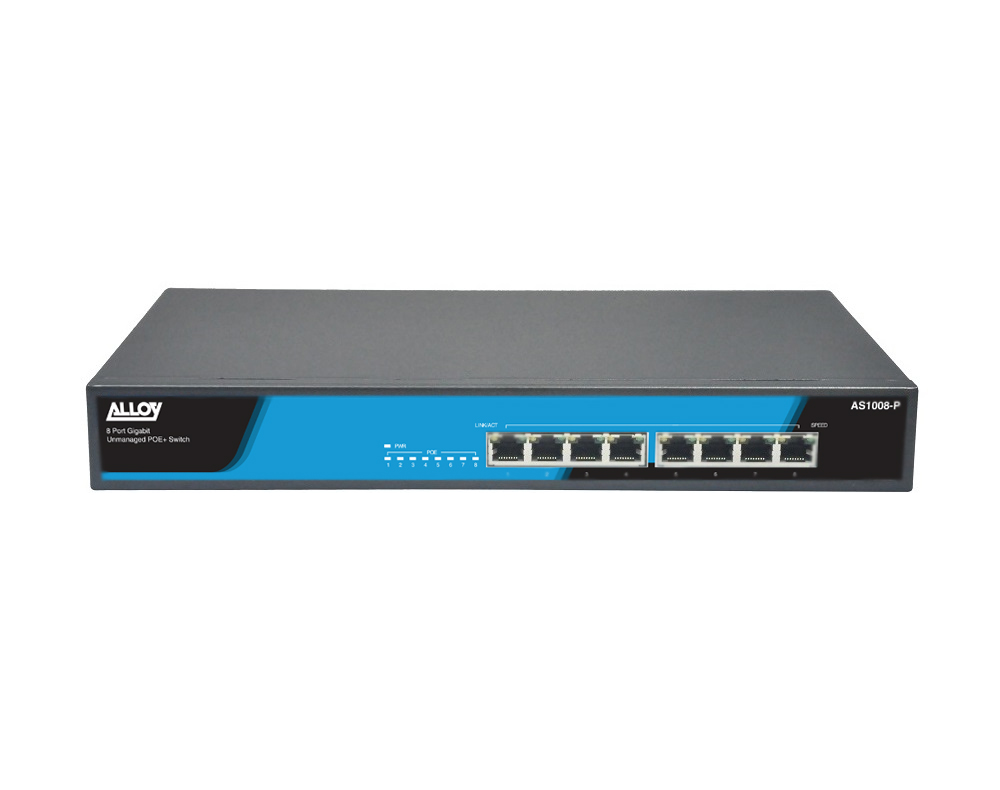 Alloy AS1008-P 8 Port Unmanaged Gigabit PoE+ Switch, 150W Total Power, IEEE 802.3at Compliant