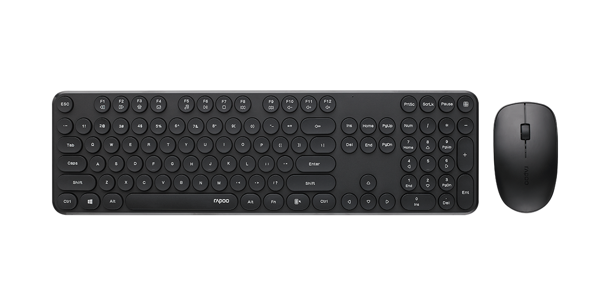 RAPOO X260S Wireless Optical Mouse & Keyboard Combo - Retro Round Keycaps, Spill-Resistant Keyboard, 2.4 GHz Wireless, 1000 DPI, 10m Range, Nano Receiver - Black