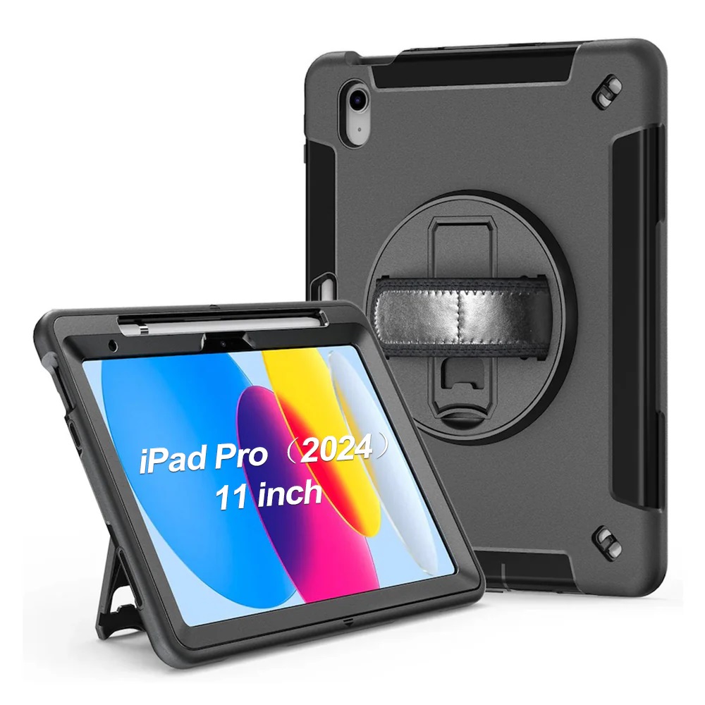 USP Rugged Apple iPad Pro M4 11-inch 5th Gen Case Black - Built-in Kickstand, Adjustable Hand Strap, Shoulder Strap, Pen Holder, DropProof & ShockProof
