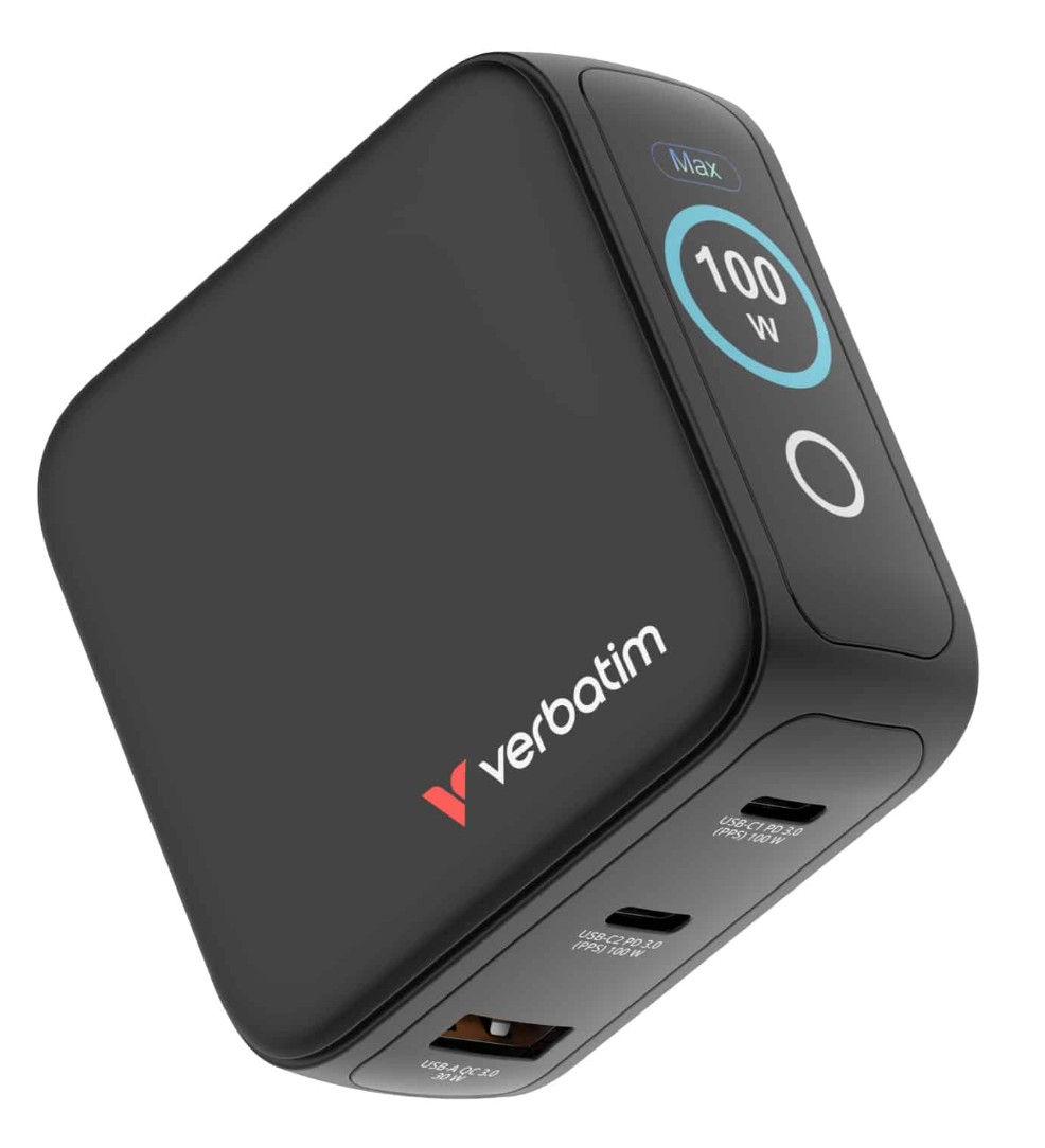 Verbatim 100W Mini GaN Charger with Display - Compact 3-Port USB-C PD & QC3.0 Wall Charger