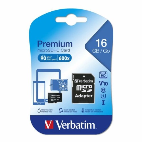 Verbatim 16GB Premium microSDHC Memory Card Class 10 UHS-I U1 V10 with SD Adapter Up to 80MB/s Read Speed