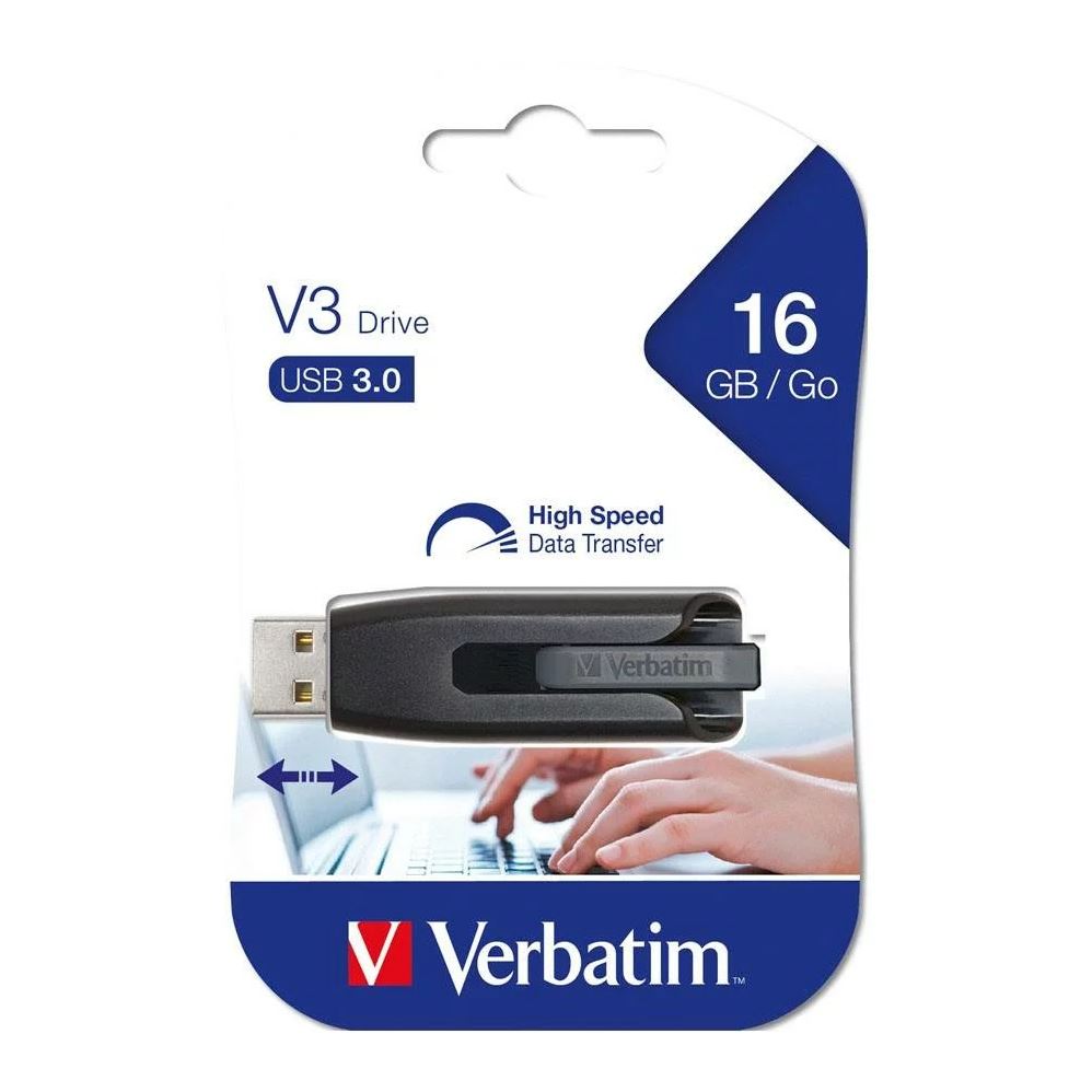 Verbatim 16GB Store 'n' Go V3 USB 3.2 Gen 1 Flash Drive - Retractable, Gray, SuperSpeed USB 3.0 Compatible