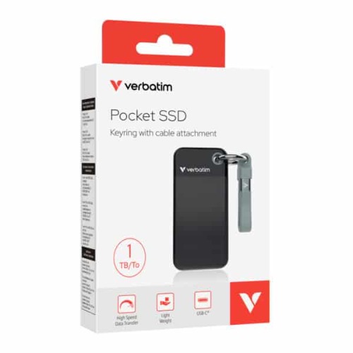 Verbatim 1TB Pocket SSD USB 3.2 Gen 2 Portable External Drive with Keyring Cable Holder, Compact Rugged Design, Up to 1000MB/s Read/Write Speeds