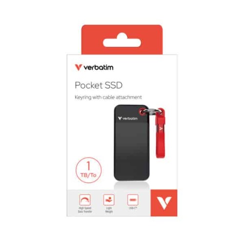 Verbatim 1TB Pocket SSD USB 3.2 Gen 2 Portable External Drive with Keyring & Cable Holder - Rugged, Ultra Lightweight, 1000MB/s Read/Write Speed, Black/Red