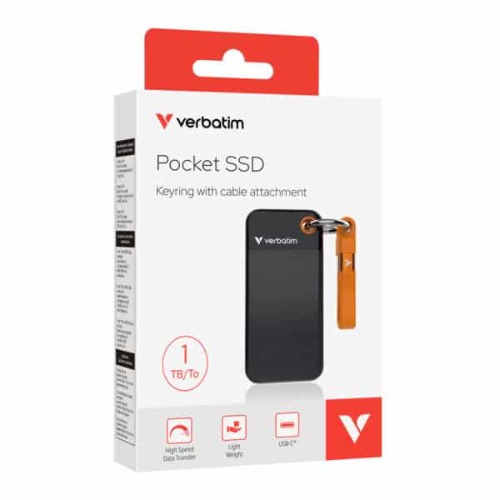 Verbatim 1TB Pocket SSD USB 3.2 Gen 2 Portable External Drive with Keyring & Cable Holder, Ultra Lightweight 58g, Black Orange