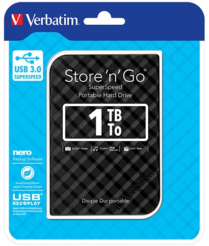 Verbatim 1TB Portable External Hard Drive 2.5-inch USB 3.0 SuperSpeed Black Grid Design with Nero Backup Software