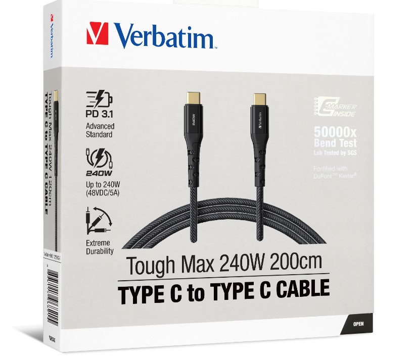 Verbatim 240W USB-C to USB-C 200CM Cable PD 3.1 Fast Charging & QC 3.0/4.0 Support, Durable Braided Kevlar Nylon, Data Transfer 480Mbps