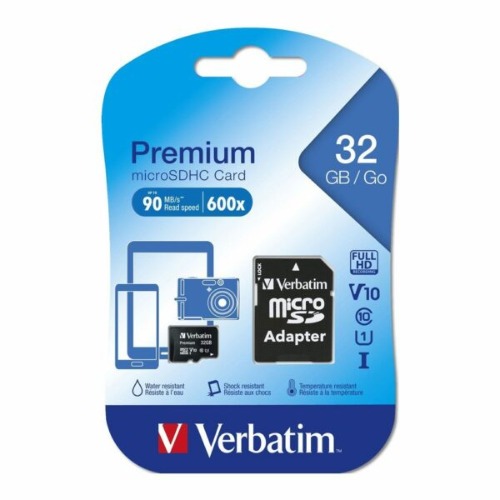 Verbatim 32GB Premium microSDHC Memory Card Class 10 UHS-I U1 V10 with SD Adapter, 45MB/s Read, 10MB/s Write, Water & Shock Resistant