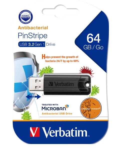 Verbatim 64GB Antibacterial Pinstripe USB 3.0 Flash Drive with Microban® Technology - Black, 12MB/s Read, 5MB/s Write
