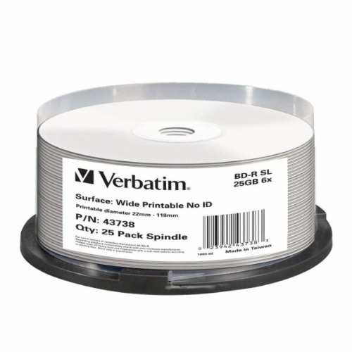 Verbatim Blu-Ray BD-R 25 Pack Spindle 25GB 6x Wide Inkjet Printable Discs with HardCoat Protection