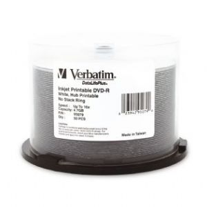 Verbatim DVD-R 4.7GB 16X DataLifePlus White Inkjet Printable 50-Pack Spindle - High Resolution Full Surface Printing, AZO Dye