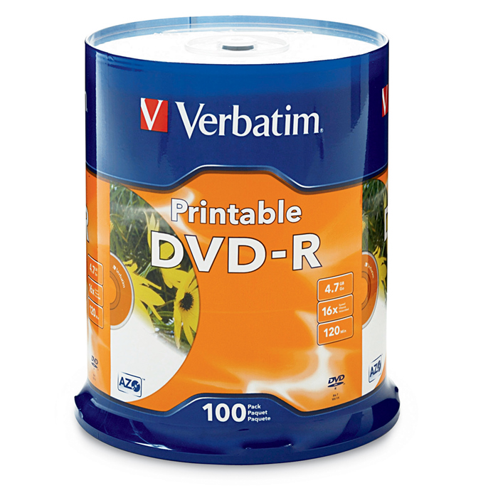 Verbatim DVD-R 4.7GB 16X White Inkjet Printable Discs 100-Pack Spindle, Full-Surface Edge-to-Edge High-Resolution Printing