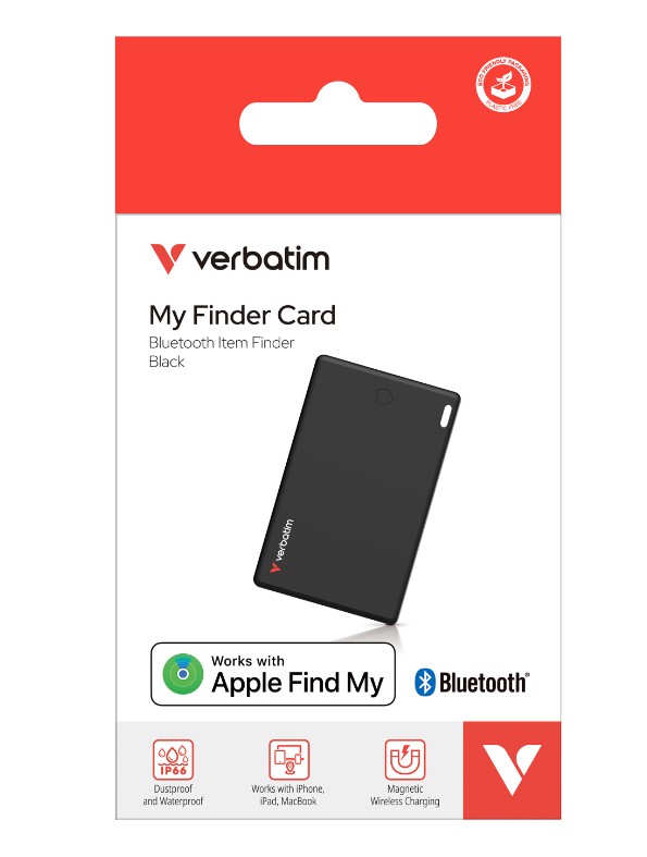Verbatim My Finder Card Bluetooth Tracker - Slim Credit Card Size, Wireless Rechargeable, Apple Find My Compatible, Black